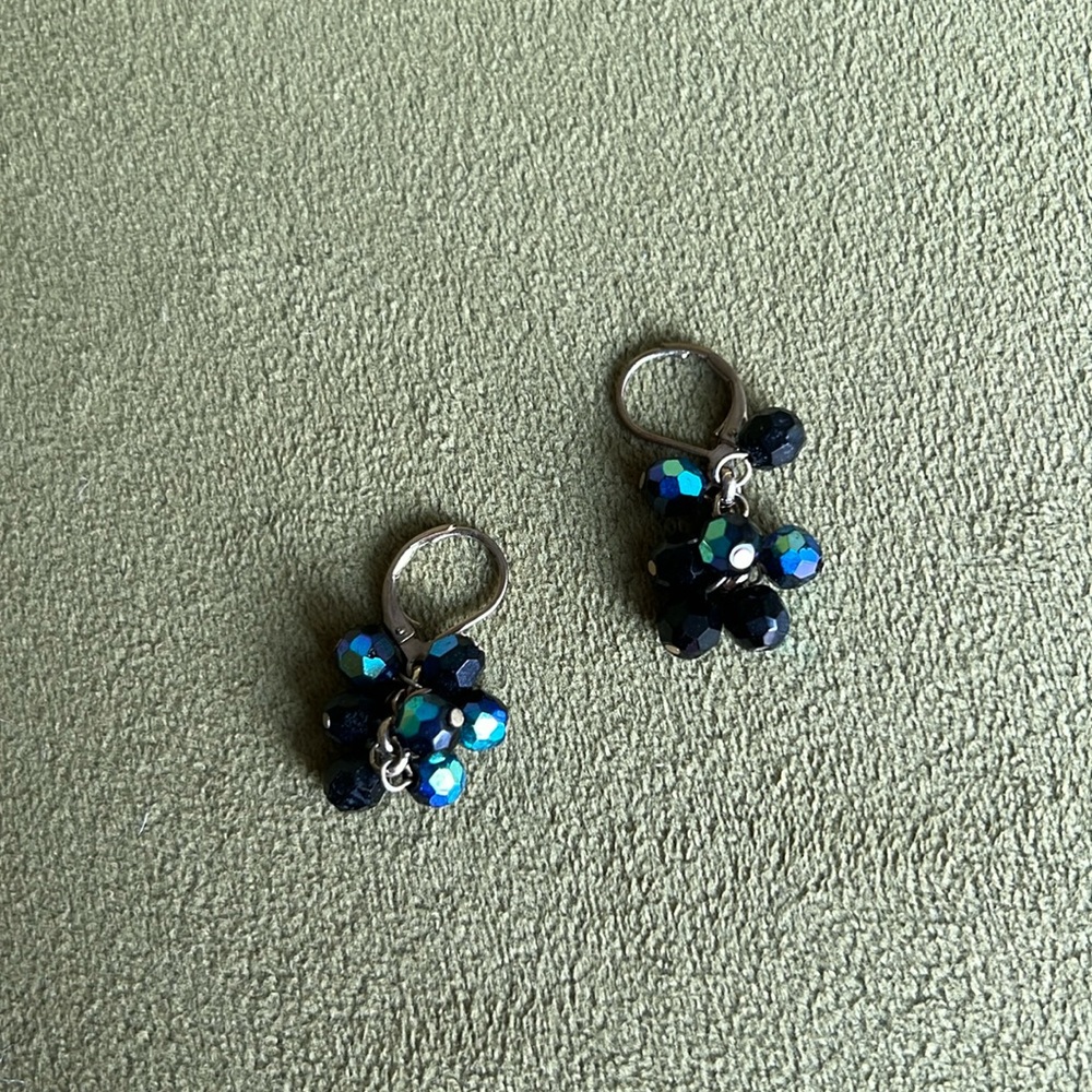 Gold and Blue Iridescent Beaded Dangle Earrings